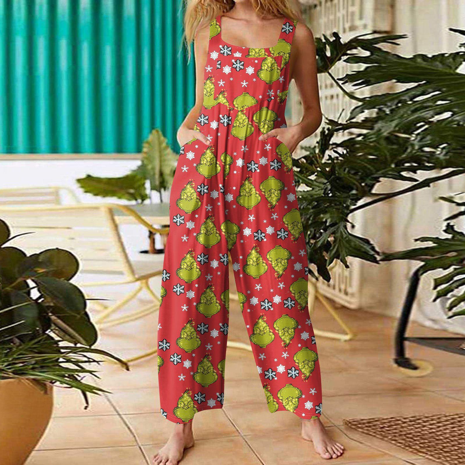 Women s Casual Loose Jumpsuit Christmas Print Wide Leg Jumpsuit Sleeveless With Pockets S