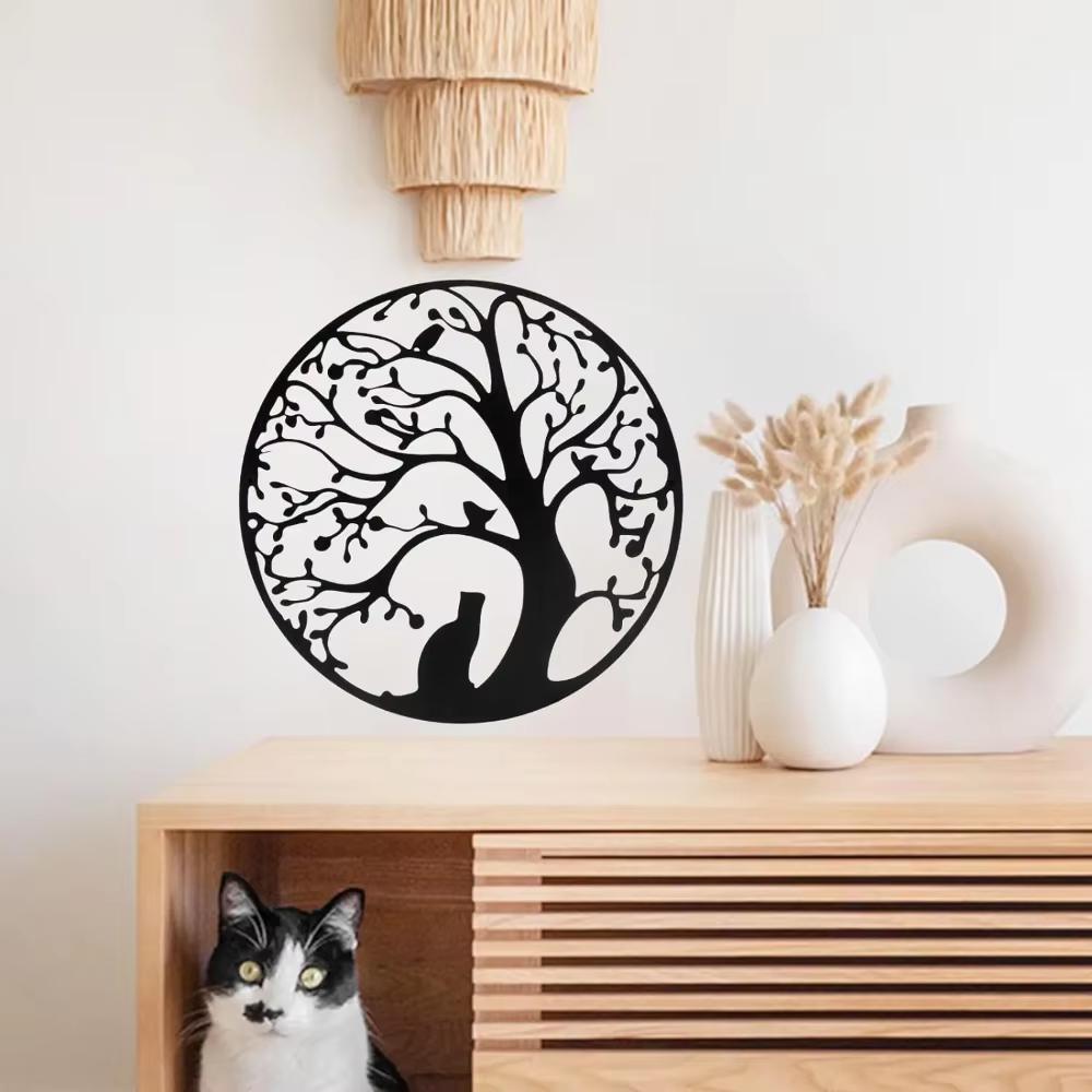 Charming Tree of Life Decor - Rustic Metal Wall Art with Cat & Bird for Home Enhancement