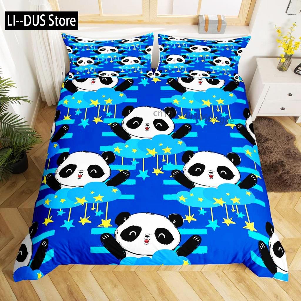 Panda Duvet Cover Set King Size Black And White Animal Comforter Cover With Pillowcases Starry Sky Blue Ultra Soft Quilt Cover
