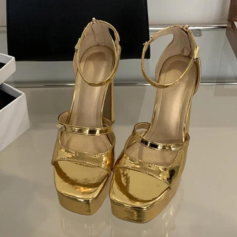 Luxury Patent Leather Platform Sandals Women 2025 Summer Zip Cover Strap Design Chunky High Heels Elegant Banquet Dress Shoes