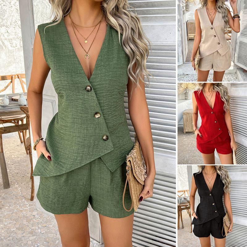 Spring Summer Cross-Border European and American Foreign Trade Women clothes Leisure Solid Holiday Style Button Cardigan Vest Short Pants Two Sets