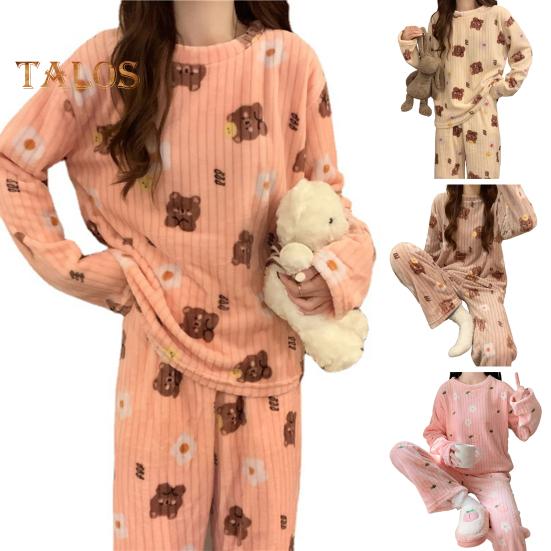 Ensemble de pyjama d'hiver 2 pièces pour femme, col rond, motif ours et pêche, manches longues, polaire corail, vêtements d'intérieur, haut et pantalon, vêtements de détente amples pour femme