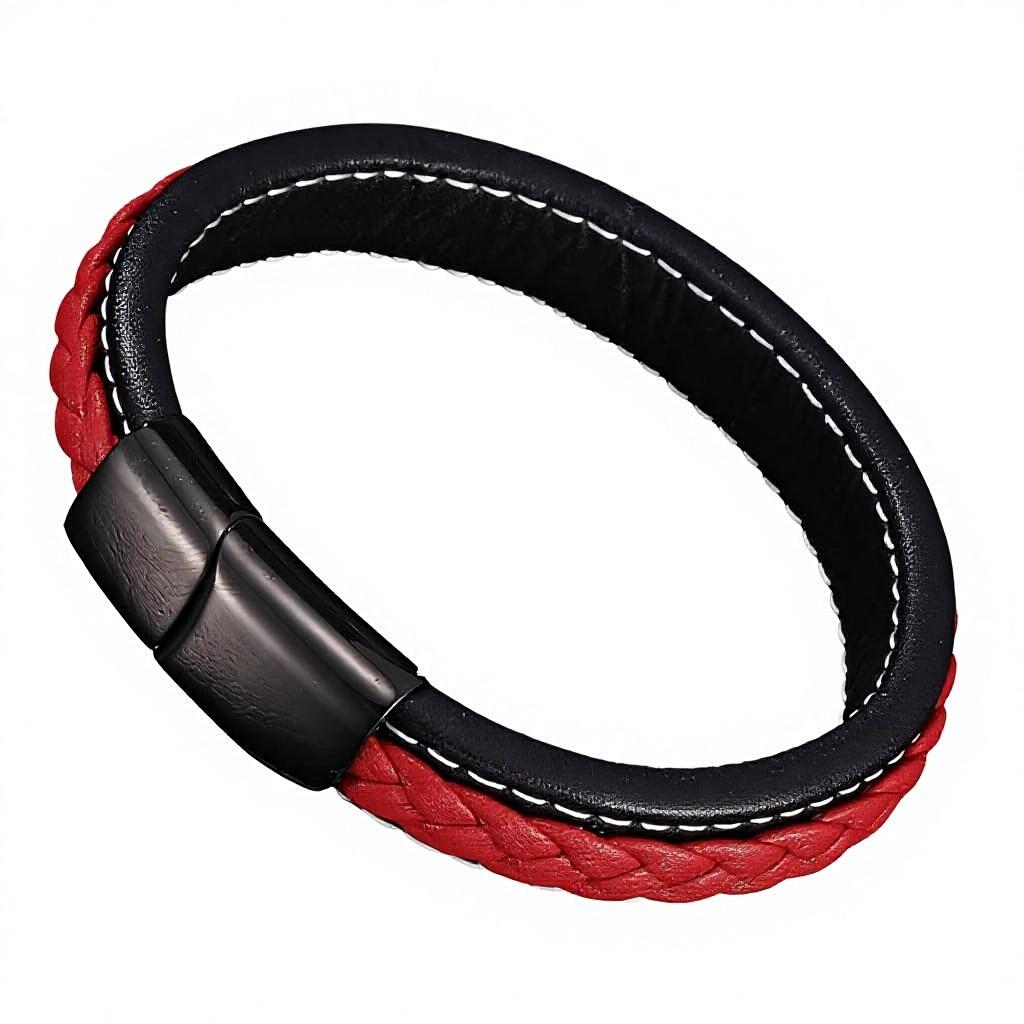 2026 High-grade Luxury Black Red Stainless Steel Unisex Engravable Versatile Leather Bracelet engravable&23.5cm