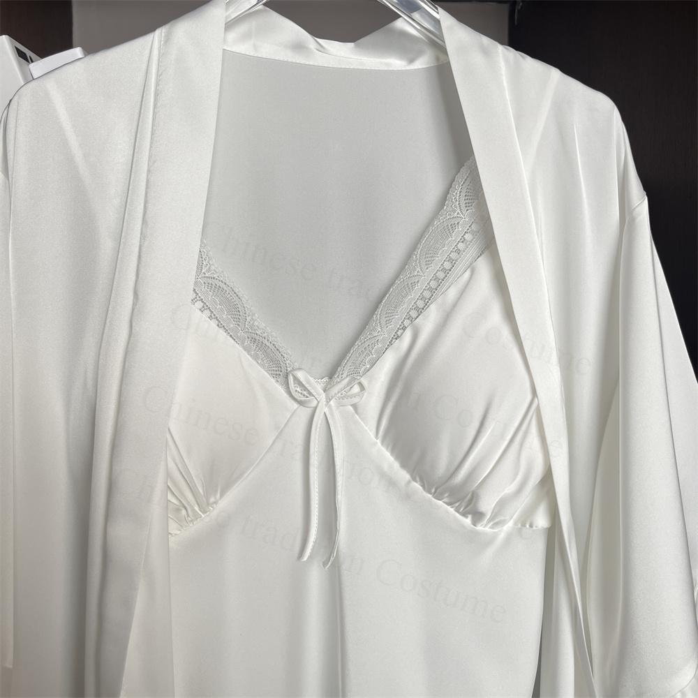 Sexy Spitzenbesatz Schleife Sling Nachthemd Robe Anzug Braut Hochzeitskleid Set Damen Elegant Nachthemd Frühling Herbst Neu Kimono Bademantel