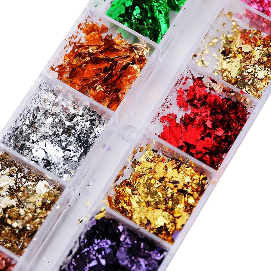 12 Colors Nail Foil Flakes, Metallic Chrome Glitter Nail Art Accessories, Nail Designs Decoration