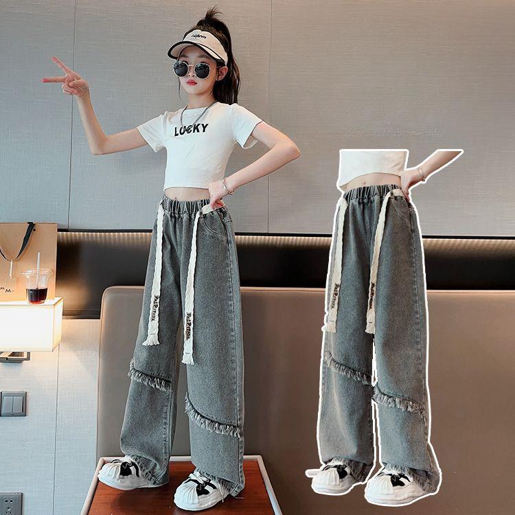 Dívčí džíny se širokými nohavicemi Jaro a Podzim Dívčí volné Internetová červená Retro modrá Rovná trubka Dětské kalhoty