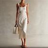 Summer European and American New Holiday Style Pleated Waist Suspender Fashionable and Elegant Side Split Dress