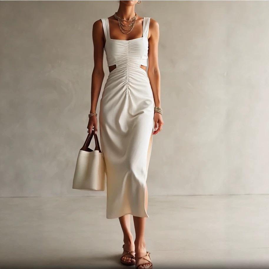 Summer European and American New Holiday Style Pleated Waist Suspender Fashionable and Elegant Side Split Dress
