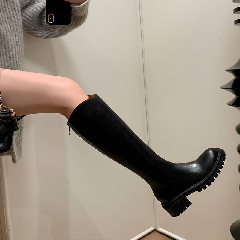 New round head versatile Martin boots leather medium heel large size women's boots round head autumn and winter solid color leather high boots