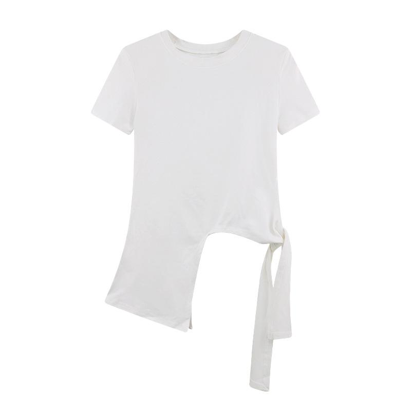 Irregular split design pure cotton short-sleeved t-shirt women's spring and summer waist pinching pure desire wind Spice Girl bottoming shirt top