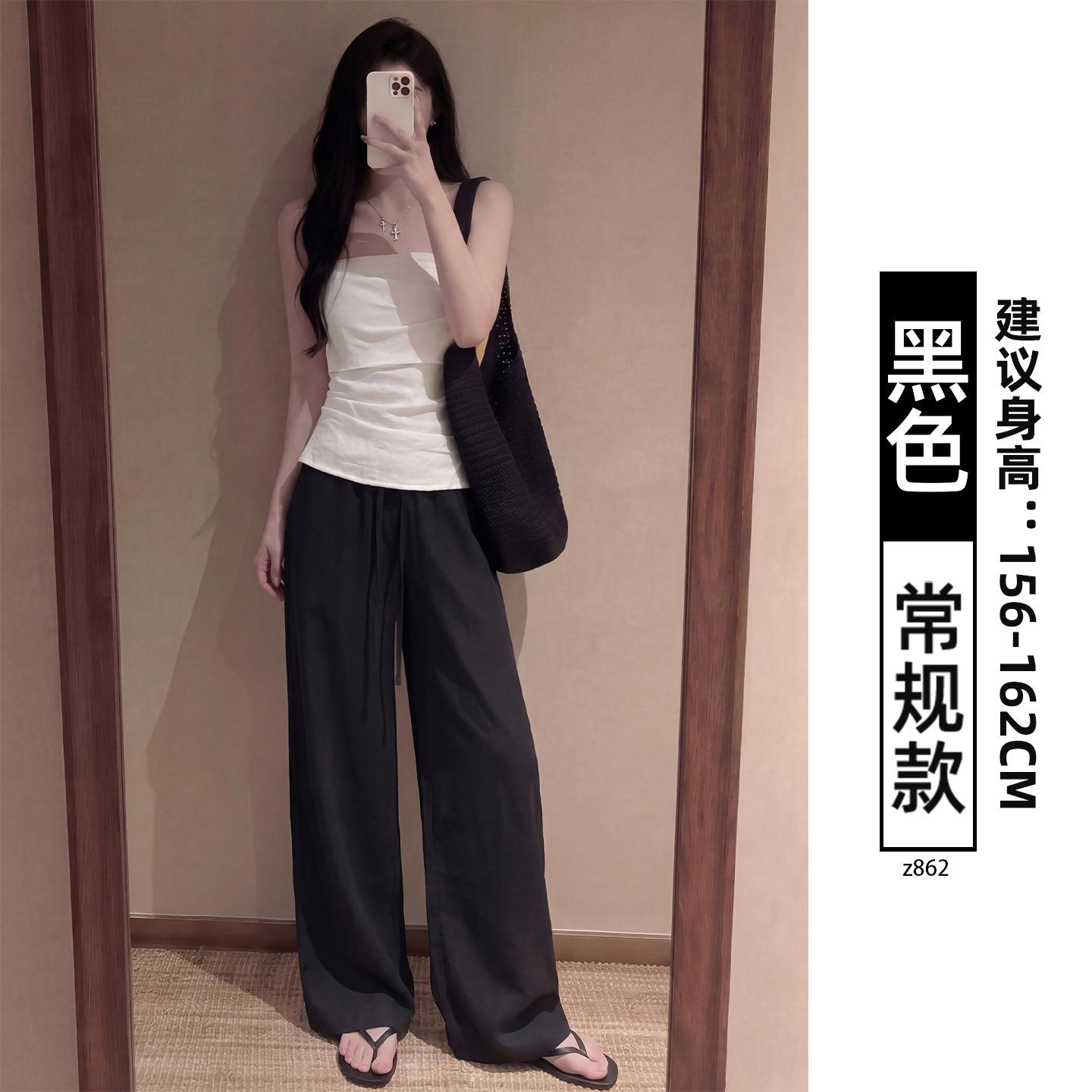 Women Linen Blend Wide Leg Pants High Waist Loose Summer Trousers S