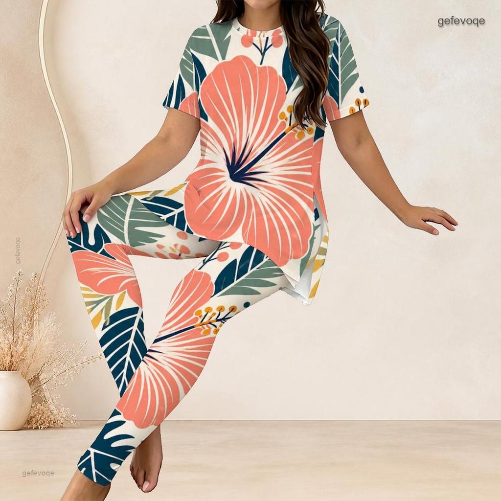 Women Plus Size Two Piece Coordinate Crew Neck Short Sleeve Blouse Long Trousers
