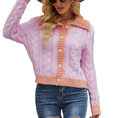 Long Sleeve Button Up Color Block Sweater Women Autumn Winter Turn Down Collar Cable Knit Open