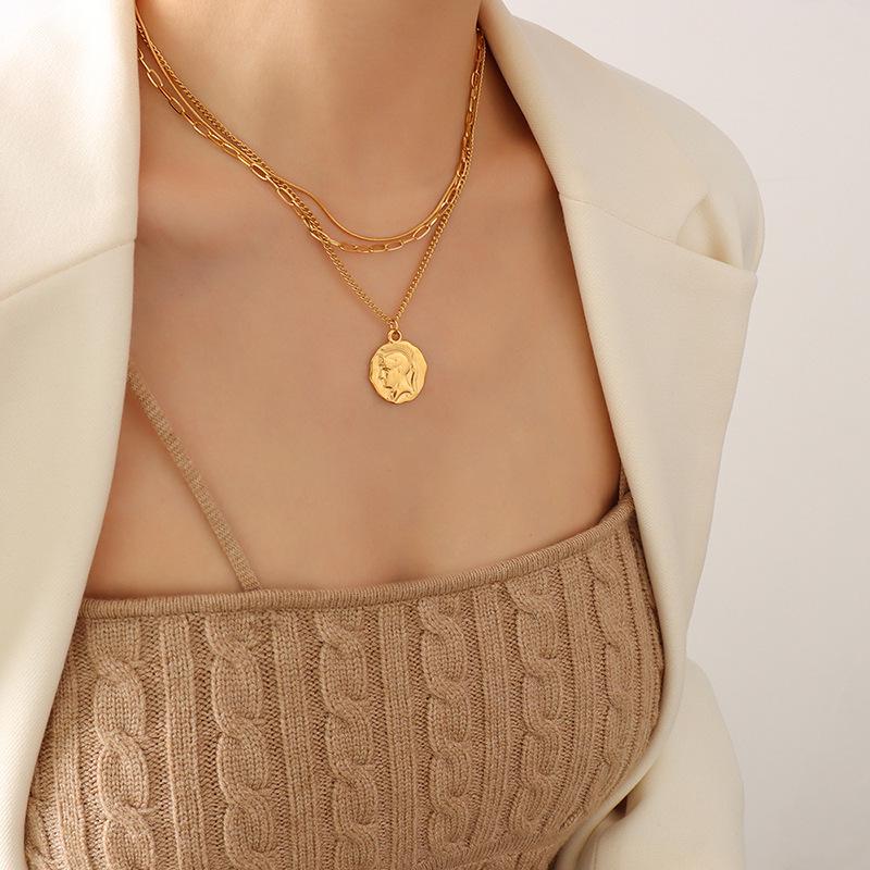 European-Inspired 18K Gold Plated Portrait Pendant Stackable Necklace for Women