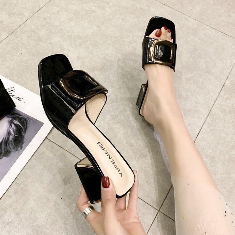 

Цельные верхние босоножки на толстом каблуке с квадратной пряжкой, тапочки на среднем каблуке 36 чёрный