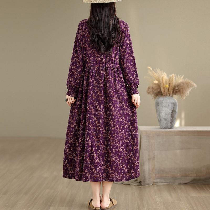 long sleeve Plus size Cotton linen vintage floral new in dresses for women casual loose long spring autumn dress