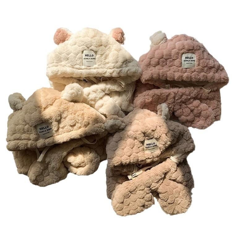 Bear Plush Hat Scarf All in one Women's Autumn and Winter Korean Version Thickened Warm Ear Protection Cycling Lei Feng Hat To Show Small Face