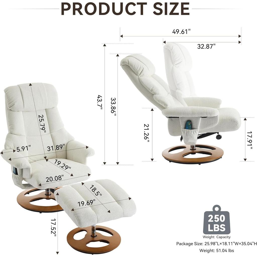 Chenille Liegestuhl Hocker Massage 360° drehbar Schaukel Kippbar - Moderner Elfenbein Akzentstuhl für Wohnzimmer/Schlafzimmer