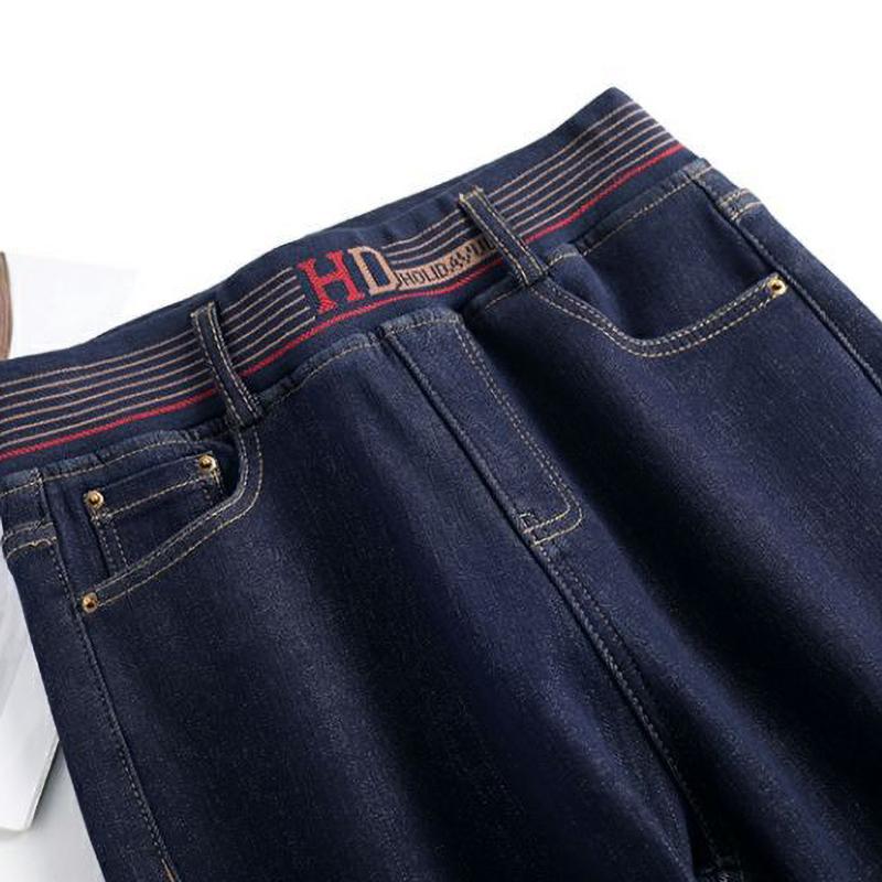 Winter Warm Casual Baggy Straight Jeans Thicken Fleece Wide Leg Denim Pants Women Elastic High Waist