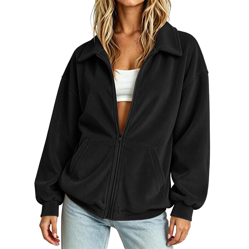 Women Zip Up Jacket Loose Fit Casual Lightweight Corduroy Outerwear Full Zip Front Pockets Long Sleeve Relaxed Fit Coat