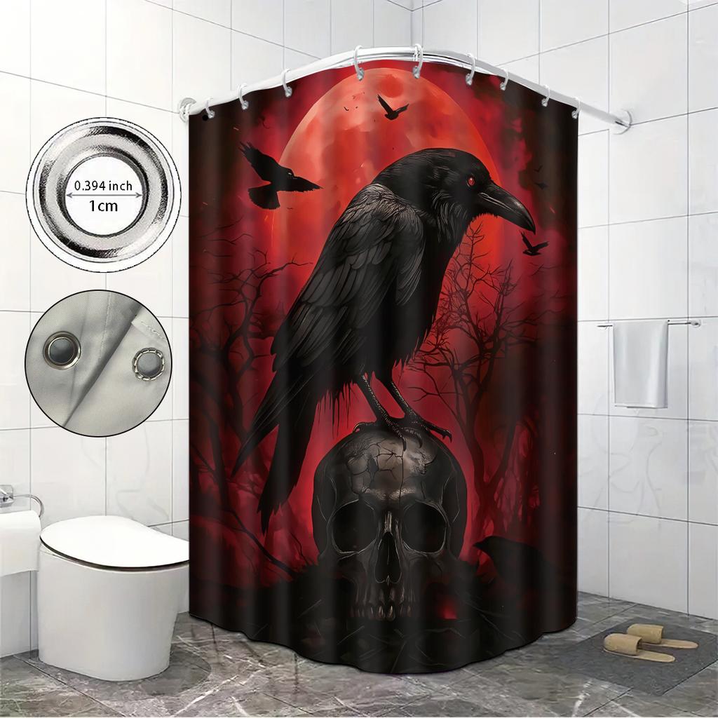 1 Stück Halloween Krähenschädel Druck Wasserdichter Dusch-Sichtschutz Hängevorhang, Mit 12 Haken, Mehrere Größen, Maschinenwaschbar