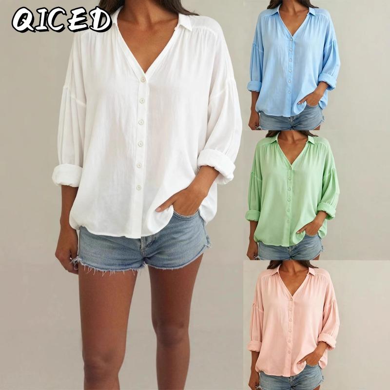BITCED Women's Fashion Casual Solid Color Print Long Sleeve V Neck Blouses & Shirts