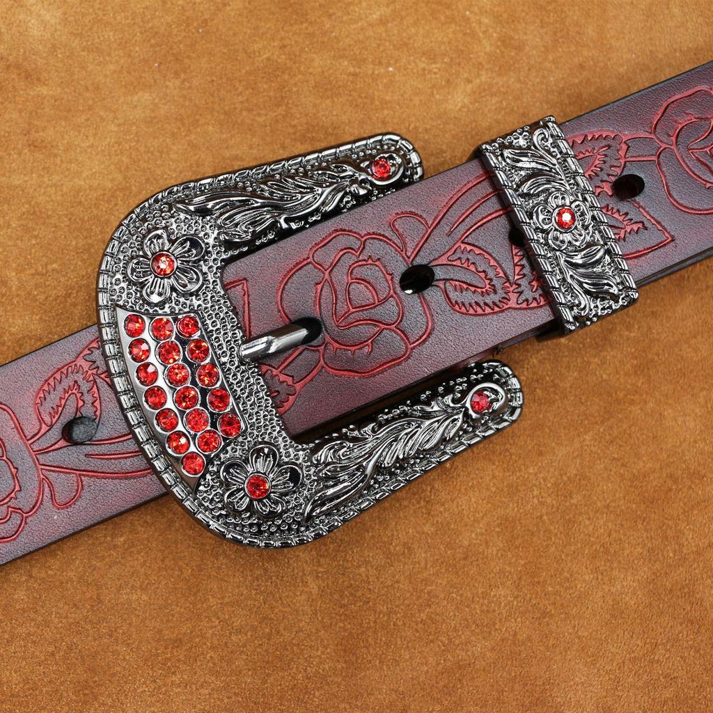 Western Embossed Cowhide Leather Belt - Retro Pin Buckle Men's Genuine Leather Belt for Trendy Young Men.