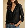 New Women's Long Sleeve V-Neck Ruffle Solid Color Elegant Slim Fit Versatile Top, European & American Style