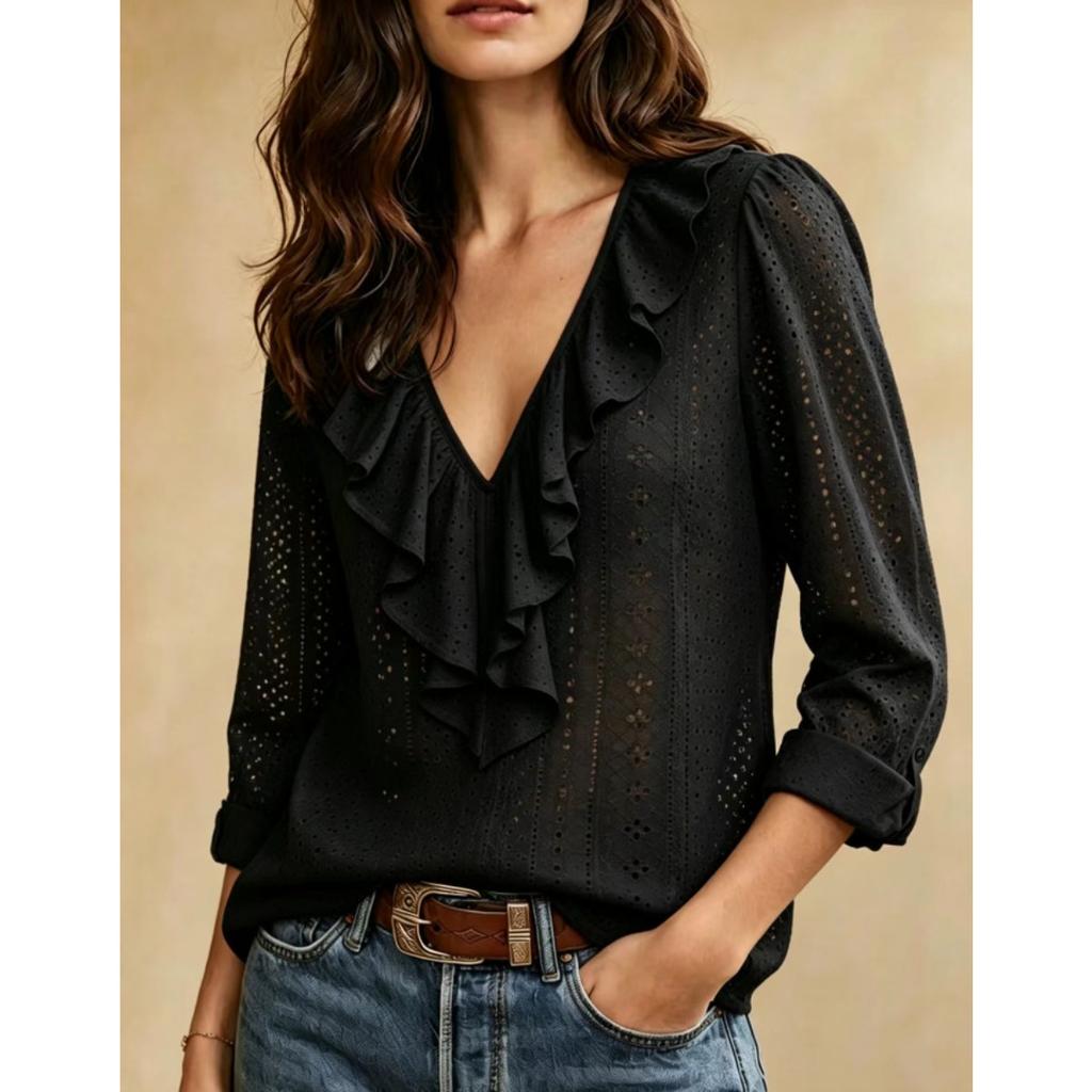 New Women's Long Sleeve V-Neck Ruffle Solid Color Elegant Slim Fit Versatile Top, European & American Style