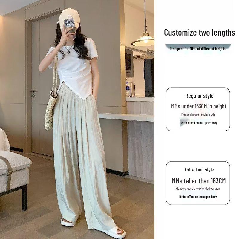 Women's Summer Ice Silk Wide-Leg High-Waist Pants with Pleated Texture, Sun Protection, and A-line Straight Leg Design.