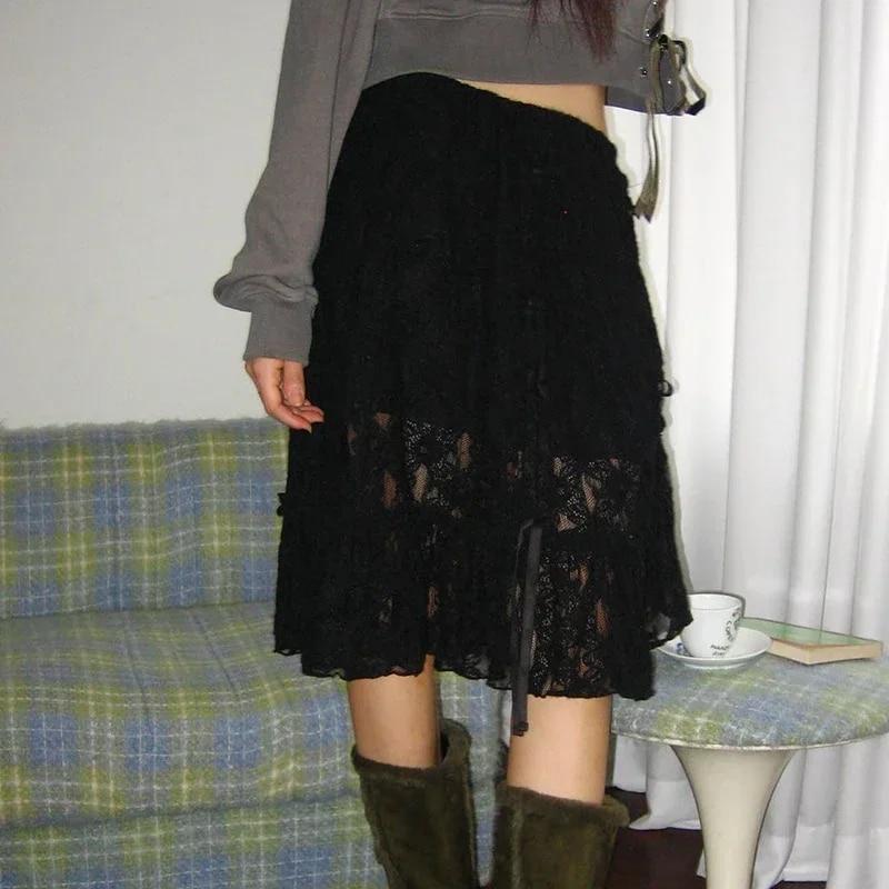 

Бежевые сказочные юбки в стиле бохо с асимметричной кружевной отделкой и сборками, женские винтажные летние юбки с низкой талией в стиле Харадзюку, праздничные наряды S чёрный