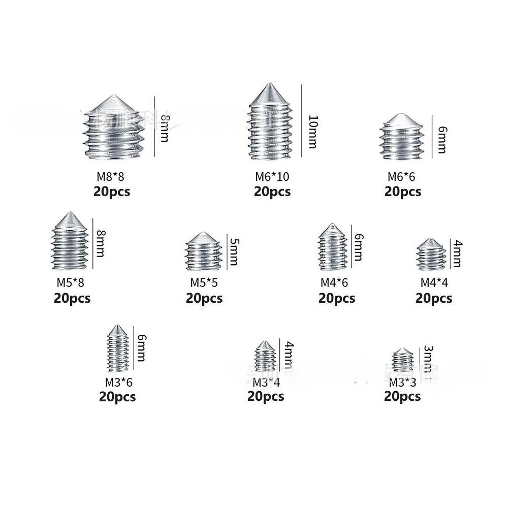 200Pcs Boxed 304 Stainless Steel Hex Socket Cone Point Set Screw M3-M8 Assortment