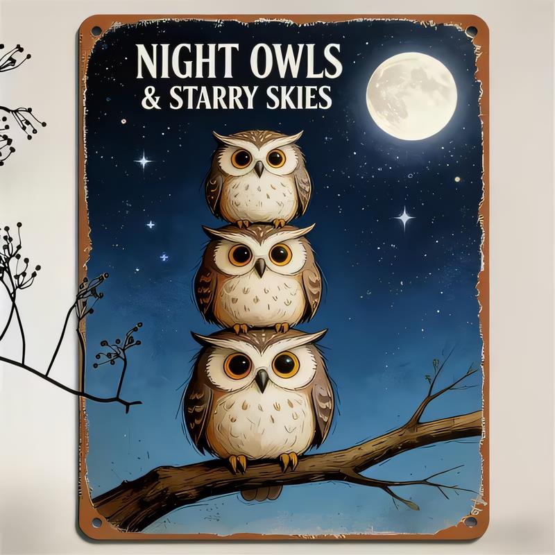 Night Owls  Starry Skies Tin Sign Vintage Owl Moon Wall Decor Rustic Metal Sign for Bedroom Living Room Garden Patio Retro H