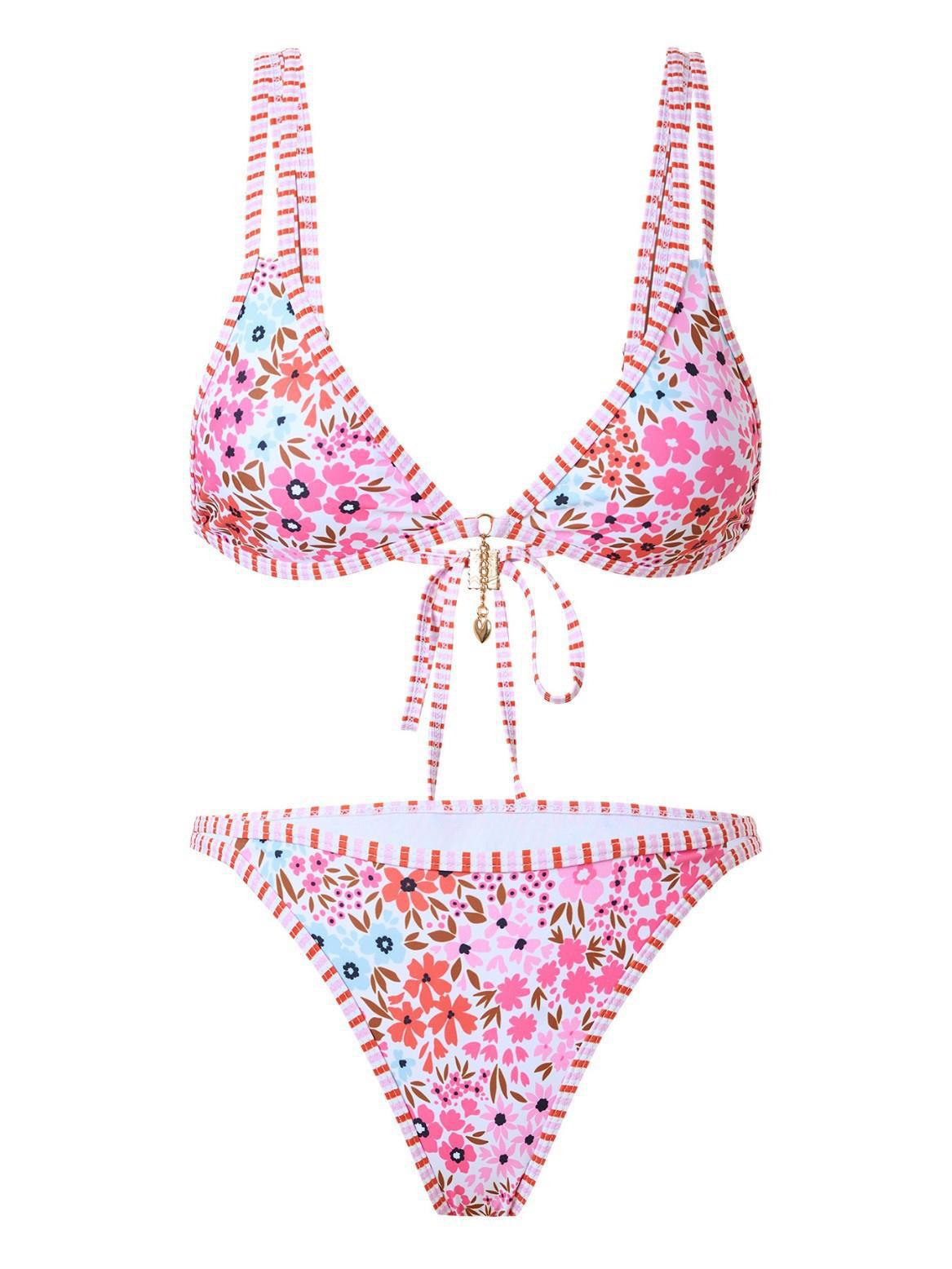 

2025 Women s Beach Print Two-Piece Bikini with Straps: European & American Fashion Large