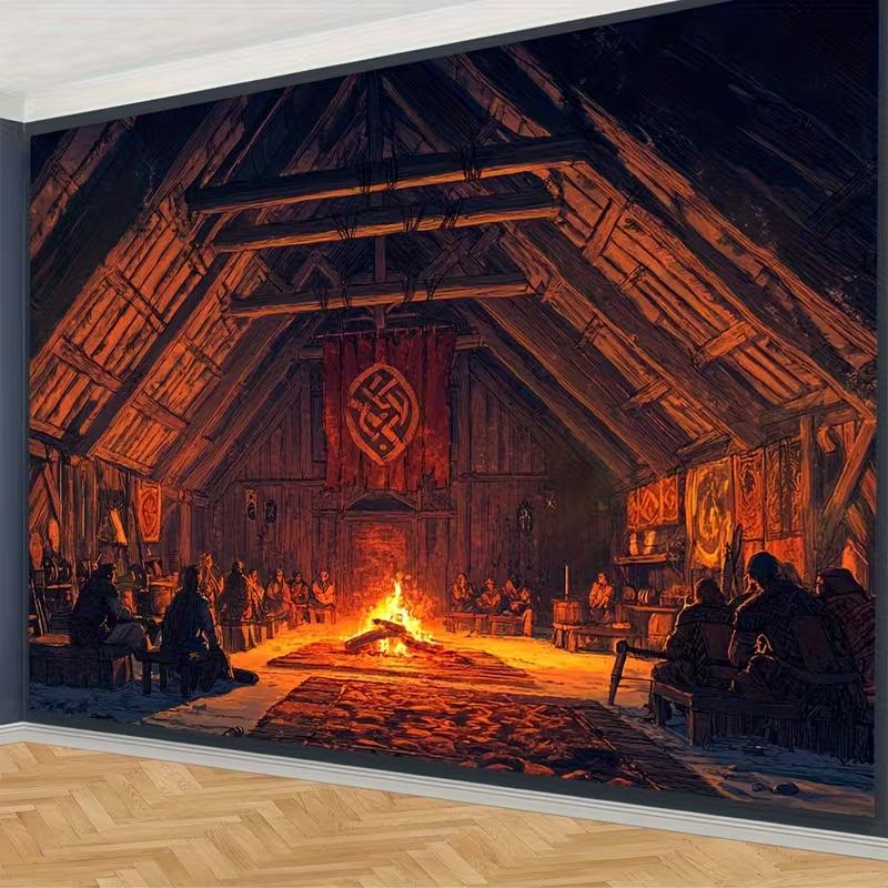 

2D Medieval Viking Hall Backdrop, Cozy Fire & Norse Banner Photography Background 47.2x31.5inch/120*80cm