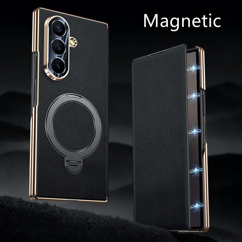 Genuine Leather For Magsafe Magnetic Bracket Case for Samsung Galaxy Z Fold 7 Fold 6 Fold 5 Luxury Central Axis Hinge Stand Case