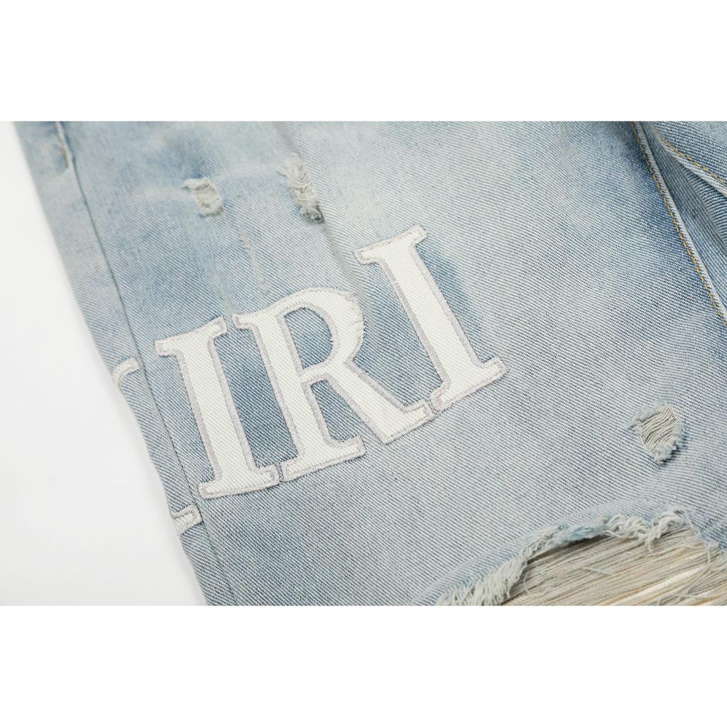 M06 Amiri Men's and Women's American Style Trendy Jeans with Fabric Patches, Holes, Embroidery, Casual and Fashionable High Street Pants