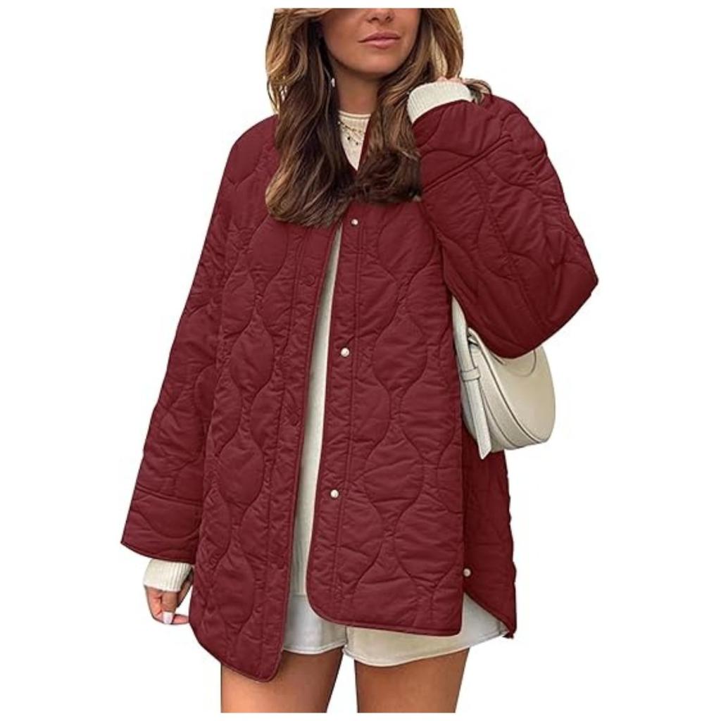 Otoño Invierno Nuevo Abrigo de Algodón Acolchado de Color Sólido con Cuello Redondo Holgado para Mujer, Ropa de Abrigo Casual Estilo Europeo Americano para Mujer