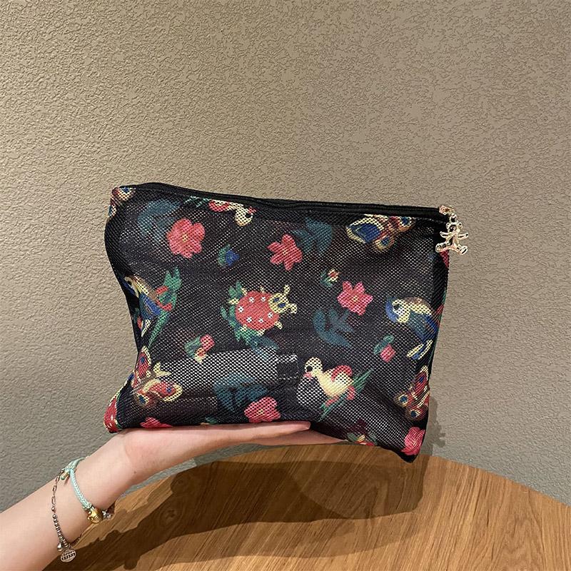 

New Flower Bird Print Cosmetic Bag Japanese Simply Storage Bag Fashion Ladybug Print Mesh Toiletry Bag Cute Cartoon Women s Bags чорний