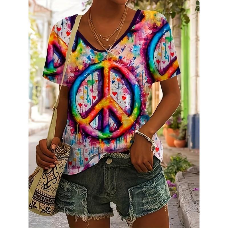 Womens V-Neck Short Sleeve T-Shirt With 3D Printed Striped Loose Fit Casual Chic Top 2025