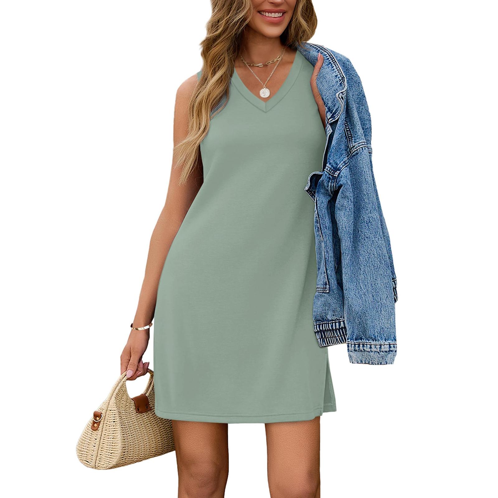 Women s Casual V-neck Sleeveless Split Hem Dress XXL