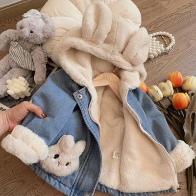 Autumn-winter Insulated Denim Jacket for Little Girls Cute Plush Rabbit Ears Hooded Coat
