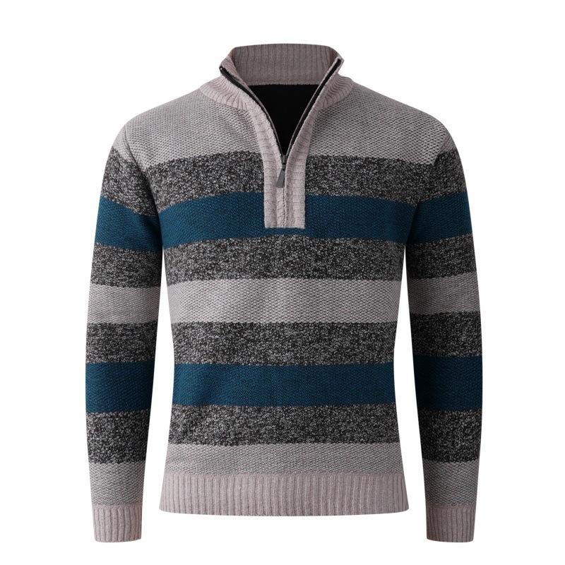 Autumn And Winter Men S Striped Stand-Up Neck Sweater Semi-Zipper Piled Thickened Casual Knitted Sweater M