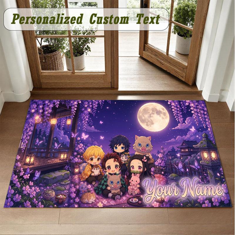Crystal Velvet Square Rug Custom NameDemon Slayer Pattern Non Slip Home Floor Decor Rug