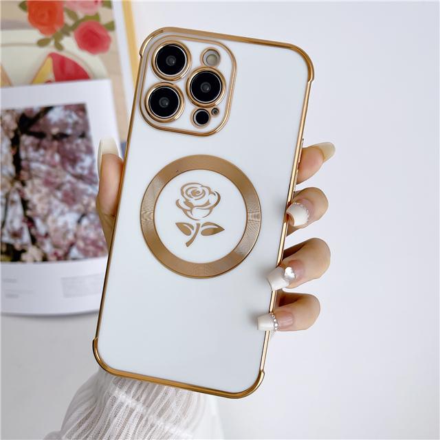Luksusowa powłoka Rose Flower Frame Magsafe Magnetic Phone Case do iPhone'a 11 12 13 14 15 Pro Max Osłona obiektywu na etui 14 Plus