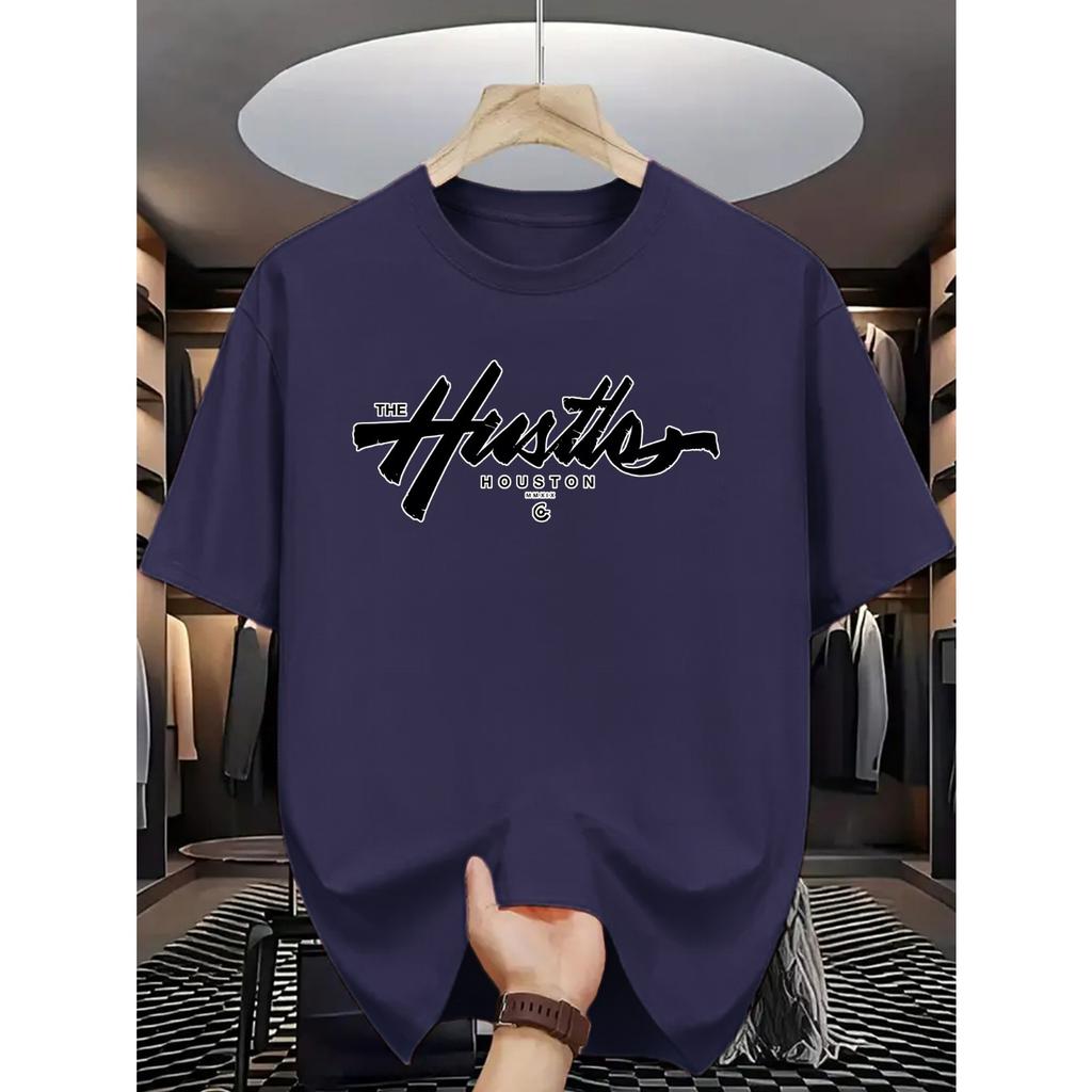 Summer Men's Casual Loose Fit Plus Size Houston Letter Print Sporty Crew Neck Short Sleeve T-Shirt