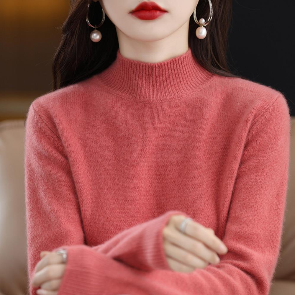 Autumn Winter Sweater Women Half High Neck Long Sleeve Top Loose Slim Versatile Pullover Knitwear Casual Knitted Jumper