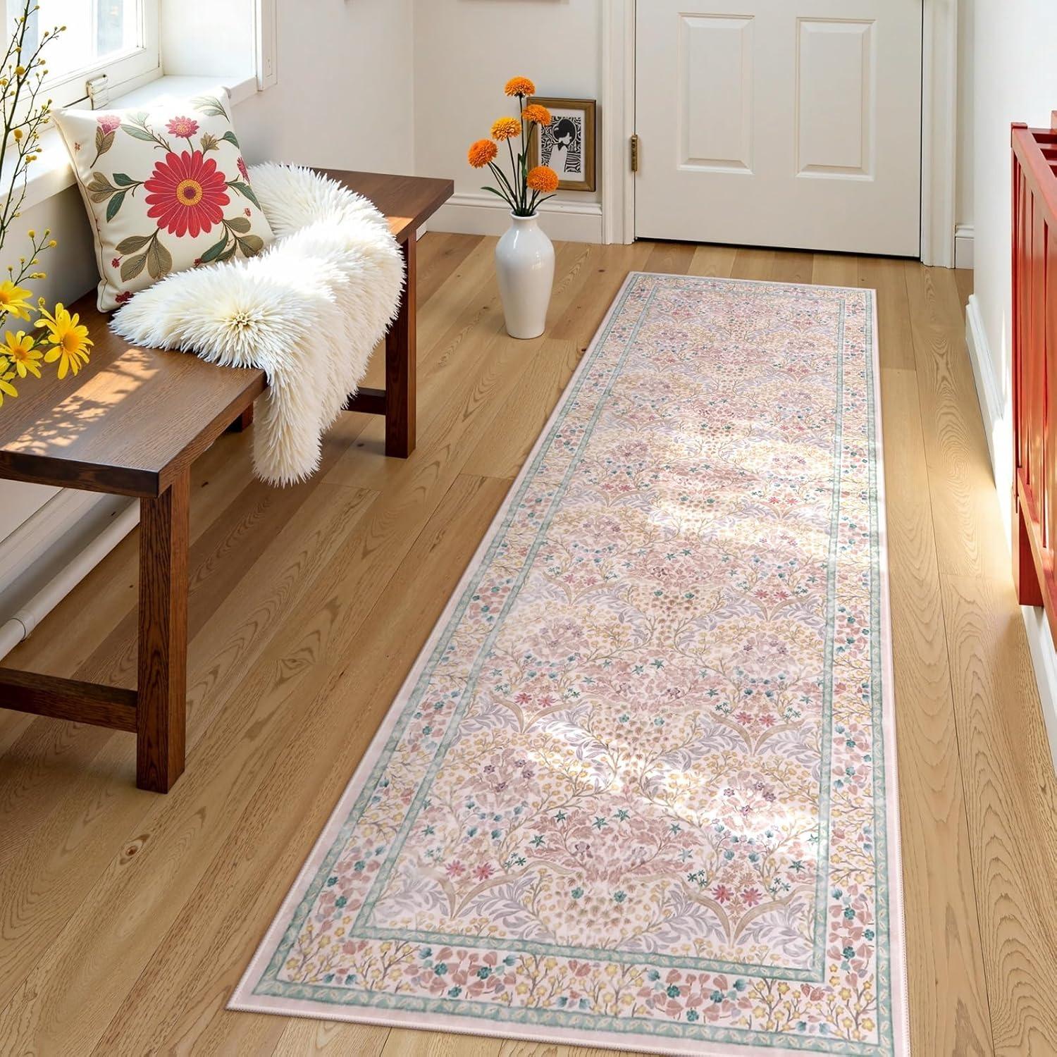 

Floral Hallway Carpet Pink Runner Rug Flower Long Carpets Machine Washable Corridor Rugs Soft Bedroom Floor Mat Home Decoration 50x160cm