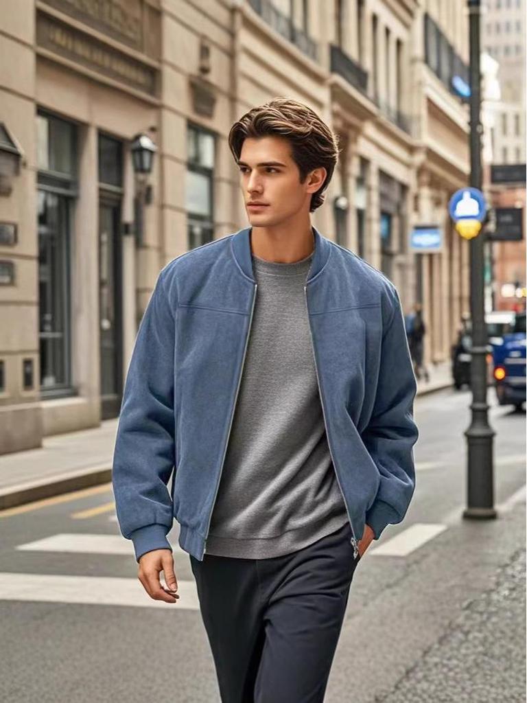 Men's Retro Suede Stand Collar Jacket - Loose Fit, Zipper Cardigan Coat, Trendy and Fashionable for Autumn/Winter