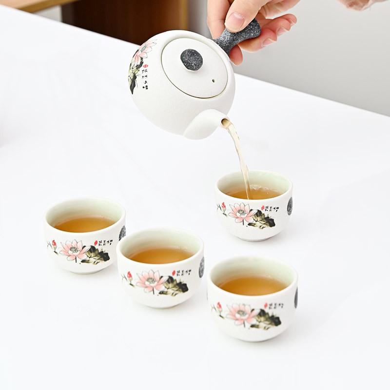 Kung Fu tea set, ceramic side handle pot, one pot, four cups, wedding souvenir gift box, opening snowflake gift.